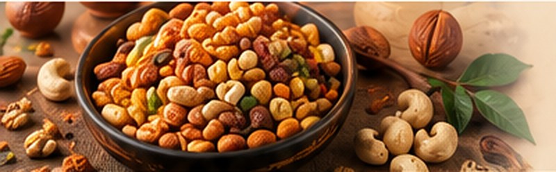 A bowl of roasted nuts with cashews and leaves