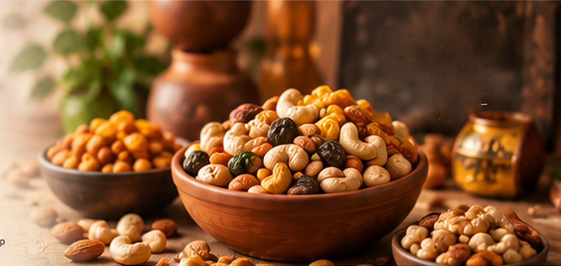Clay bowls of roasted cashews, almonds and raisins