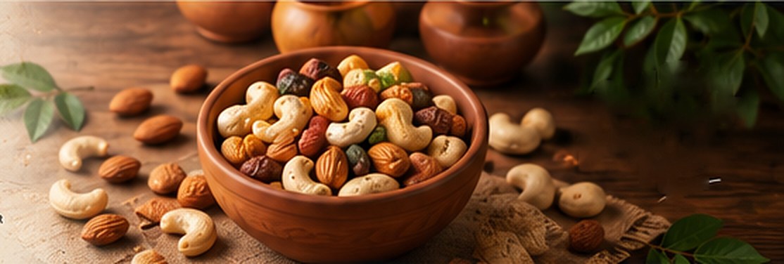 A clay bowl of mixed roasted nuts on a wooden table