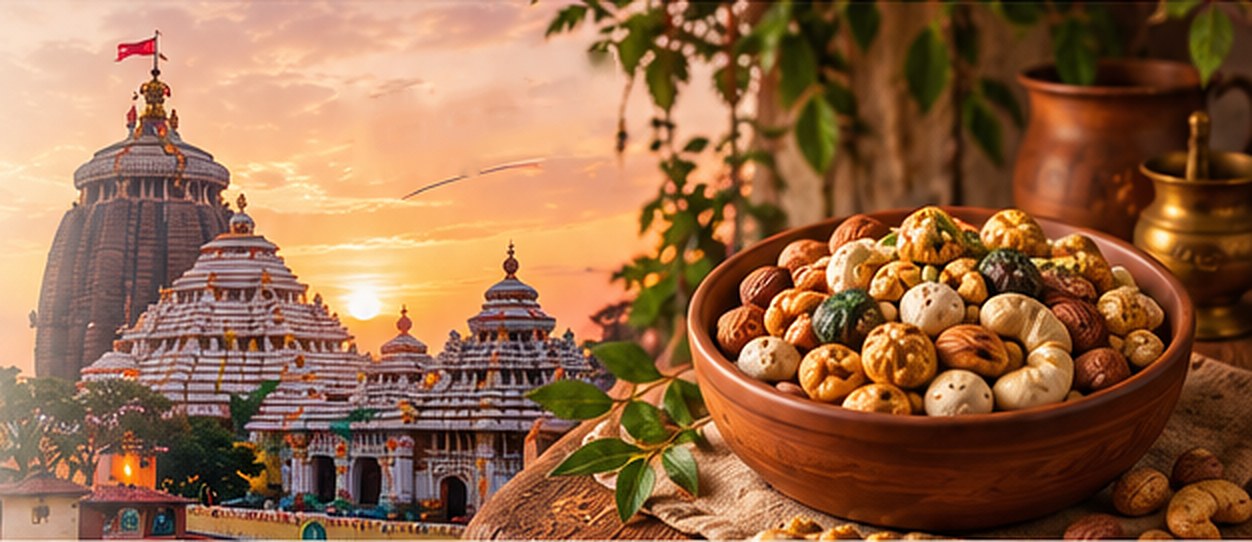 Jagannath temple at sunset beside a bowl of roasted makhana and nuts